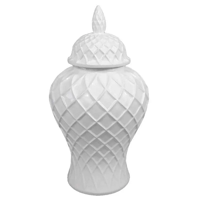 Deckelvase weiß Rautenmuster Keramik 52 cm