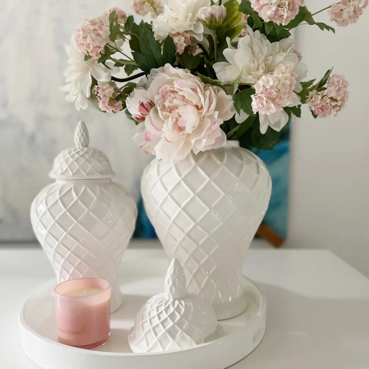 Deckelvase weiß Rautenmuster Keramik 52 cm – Bild 6