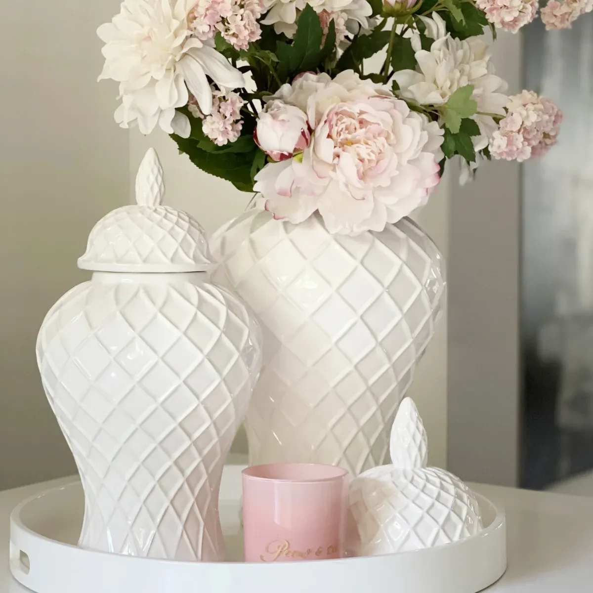 Deckelvase weiß Rautenmuster Keramik 52 cm – Bild 7