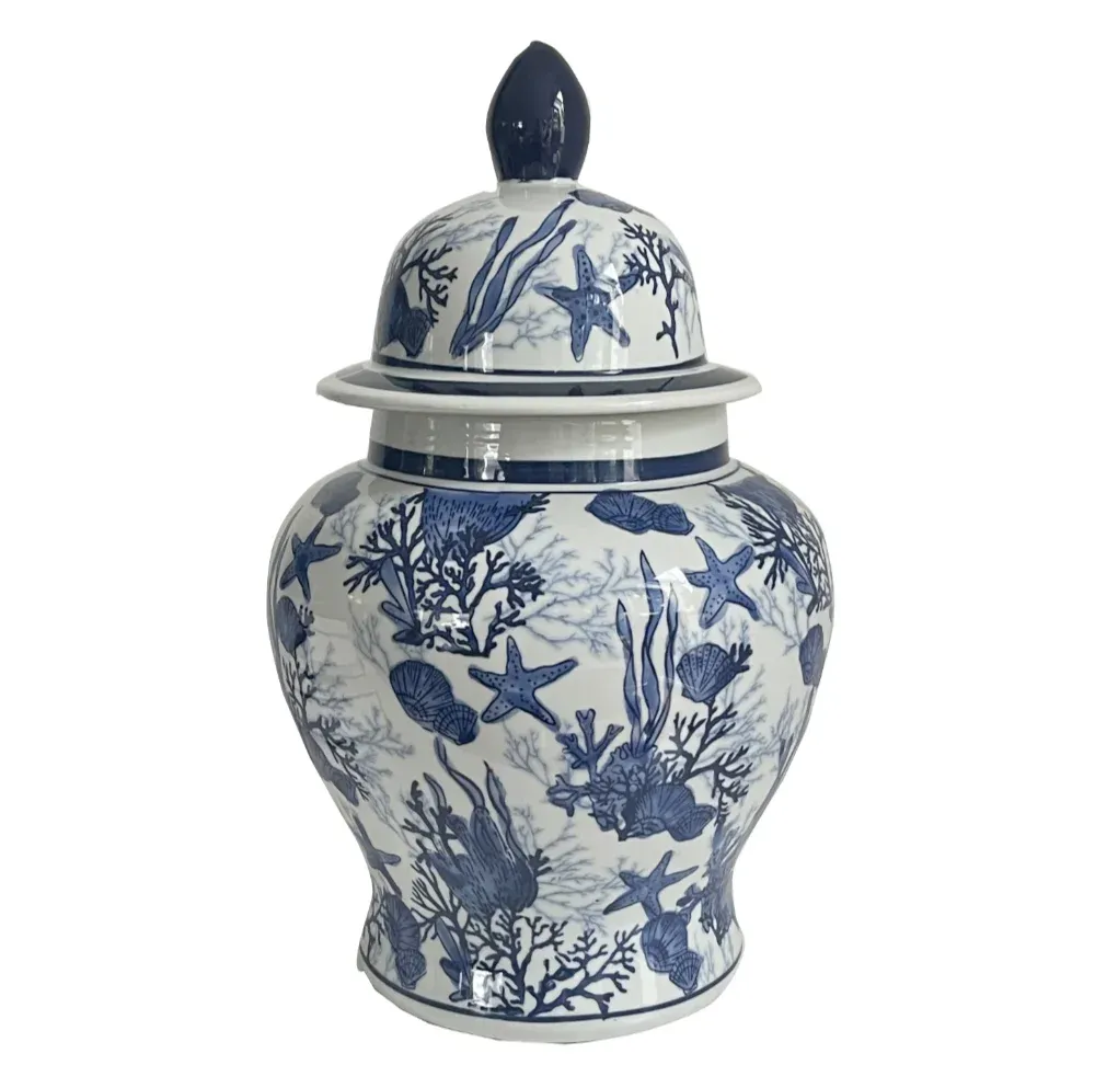 Deckelvase blau weiß mit Korallen maritim
