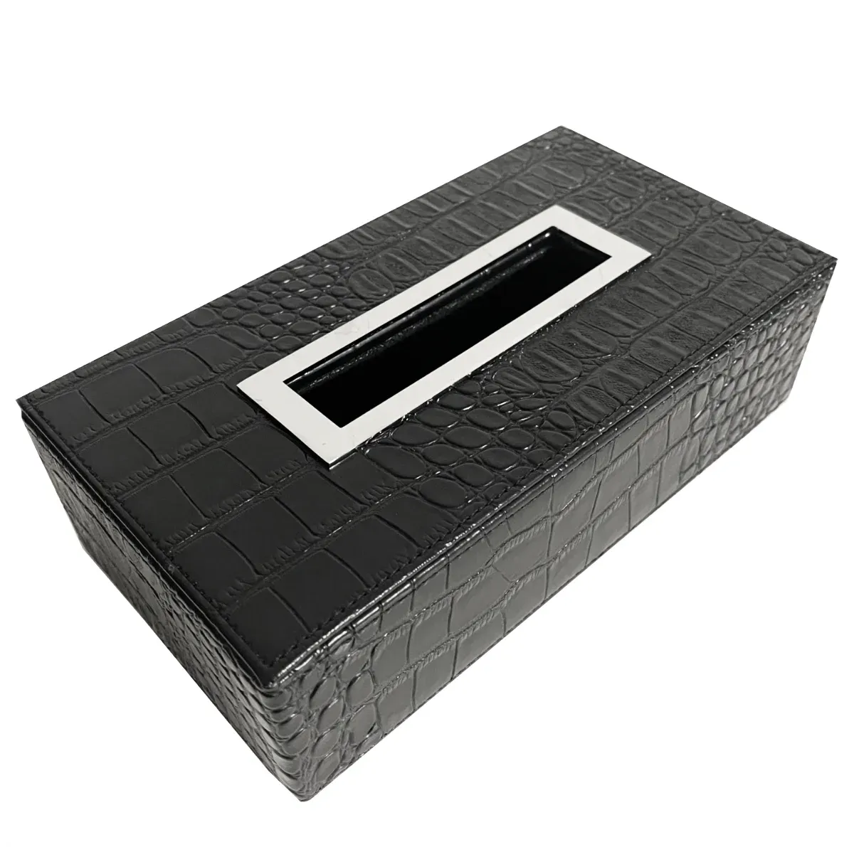 Tissue-Box Leder Kroko schwarz Kosmetiktuch-Box mit Metallring